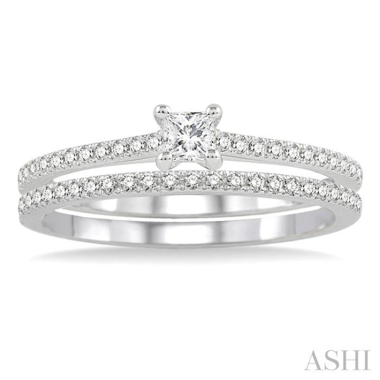 3/8 Ctw Diamond Wedding Set with 1/3 Ctw Princess Cut Engagement Ring and 1/10 Ctw Wedding Band in 14K White Gold