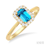 6x4 MM Octagonal Shape Blue Topaz and 1/6 Ctw Round Cut Diamond Halo Semi-Precious Ring in 14K Yellow Gold