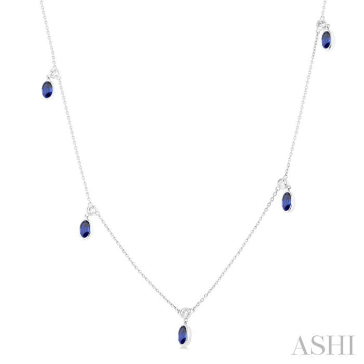 5x3 MM Oval Shape Sapphire and 1/4 Ctw Round Cut Diamonds Precious Station Necklace in 14K White Gold