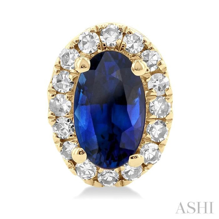 5x3 MM Oval Shape Sapphire and 1/8 Ctw Single Cut Diamond Halo Precious Stud Earrings in 14K Yellow Gold