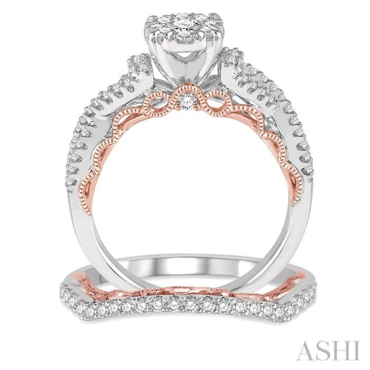 7/8 Ctw Lovebright Diamond Wedding Set With 5/8 Ctw Round Entwined Shank Engagement Ring and 1/5 Ctw Wedding Band in 14K White and Rose Gold