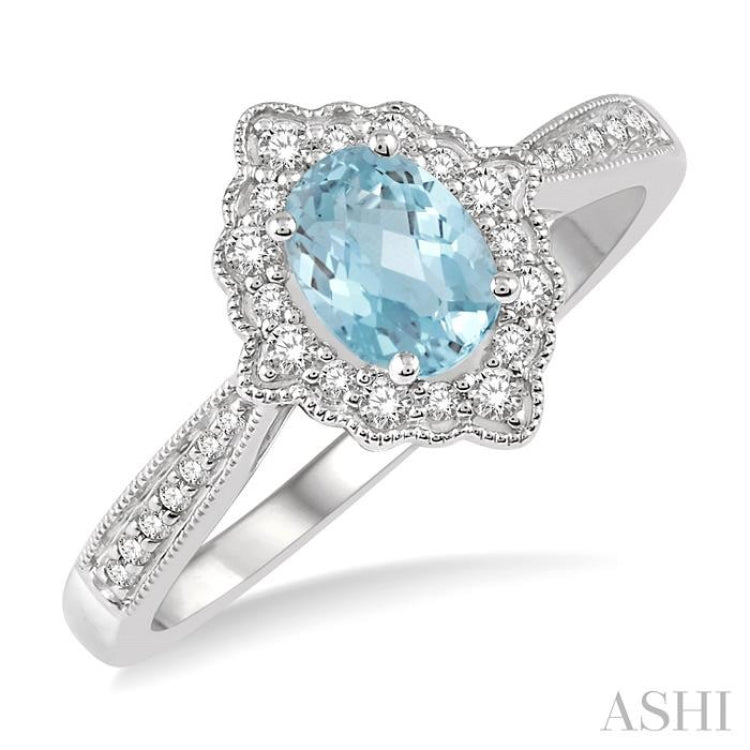 6x4 MM Oval Shape Aquamarine and 1/5 Ctw Round Cut Diamond Semi-Precious Ring in 10K White Gold