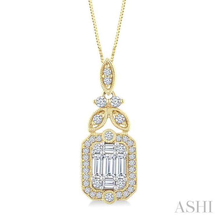 5/8 Ctw Fusion Baguette and Round Cut Diamond Fashion Pendant With Chain in 14K Yellow and White Gold