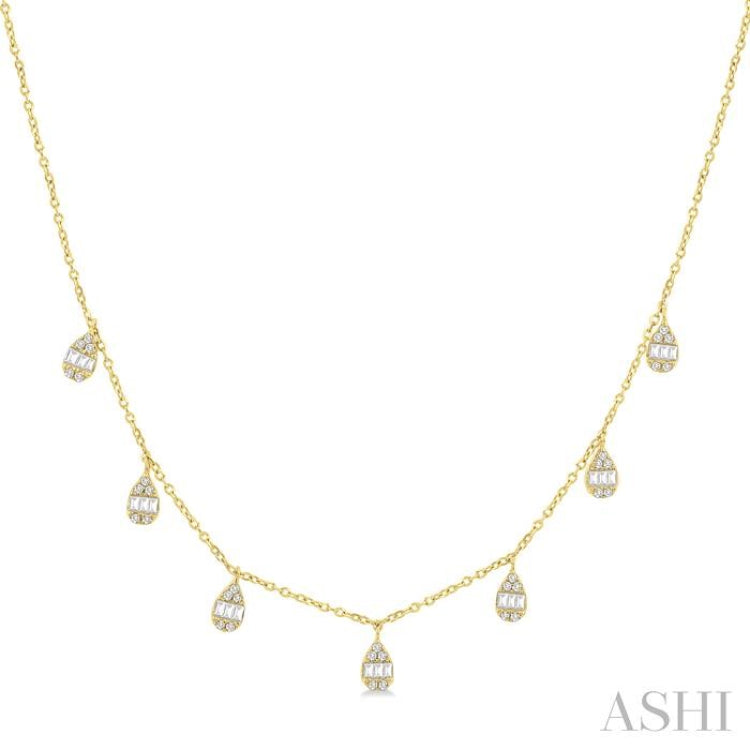 1/3 Ctw Pear Shaped Danglers Fusion Baguette and Round Cut Diamond Station Necklace in 10K Yellow Gold