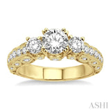 1 1/6 Ctw Tri Stone Semi-Mount Diamond Engagement Ring in 14K Yellow Gold