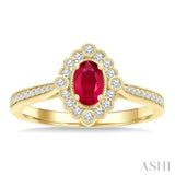 6X4 MM Oval Cut Ruby and 1/4 Ctw Art Deco Round Cut Diamond Halo Precious Ring in 14K Yellow Gold