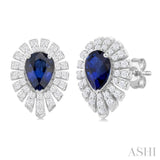 5X3 MM Pear Cut Sapphire and 1/3 Ctw Starburst Round Cut Diamond Precious Stud Earring in 14K White Gold
