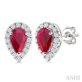 5x3 MM Pear Shape Ruby and 1/8 Ctw Single Cut Diamond Halo Precious Stud Earrings in 14K White Gold