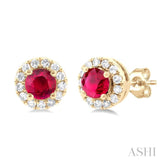 3.25 MM Round Ruby and 1/10 Ctw Single Cut Diamond Halo Precious Stud Earrings in 10K Yellow Gold
