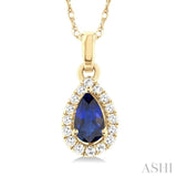 5x3 MM Pear Shape Sapphire and 1/20 Ctw Single Cut Diamond Halo Precious Pendant with Chain in 10K Yellow Gold