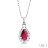 5x3 MM Pear Shape Ruby and 1/20 Ctw Single Cut Diamond Halo Precious Pendant with Chain in 10K White Gold