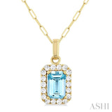 6x4 MM Octagonal Shape Aquamarine and 1/6 Ctw Round Cut Diamond Halo Semi-Precious Pendant with Chain in 14K Yellow Gold