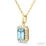 6x4 MM Octagonal Shape Aquamarine and 1/6 Ctw Round Cut Diamond Halo Semi-Precious Pendant with Chain in 14K Yellow Gold