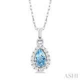 5x3 MM Pear Shape Aquamarine and 1/20 Ctw Single Cut Diamond Halo Semi-Precious Pendant with Chain in 10K White Gold
