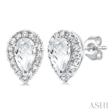 5x3 MM Pear Shape White Topaz and 1/8 Ctw Single Cut Diamond Halo Semi-Precious Stud Earrings in 14K White Gold