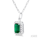6x4 MM Octagonal Shape Emerald and 1/6 Ctw Round Cut Diamond Halo Precious Pendant with Chain in 10K White Gold