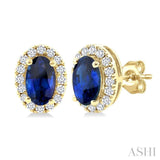 5x3 MM Oval Shape Sapphire and 1/8 Ctw Single Cut Diamond Halo Precious Stud Earrings in 10K Yellow Gold