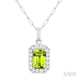 6x4 MM Octagonal Shape Peridot and 1/6 Ctw Round Cut Diamond Halo Semi-Precious Pendant with Chain in 14K White Gold