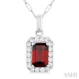 6x4 MM Octagonal Shape Garnet and 1/6 Ctw Round Cut Diamond Halo Semi-Precious Pendant with Chain in 14K White Gold