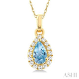 5x3 MM Pear Shape Aquamarine and 1/20 Ctw Single Cut Diamond Halo Semi-Precious Pendant with Chain in 10K Yellow Gold