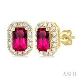 5x3 MM Octagonal Shape Pink Tourmaline and 1/8 Ctw Single Cut Diamond Halo Semi-Precious Stud Earrings in 14K Yellow Gold