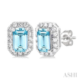 5x3 MM Octagonal Shape Aquamarine and 1/8 Ctw Single Cut Diamond Halo Semi-Precious Stud Earrings in 14K White Gold