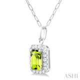 6x4 MM Octagonal Shape Peridot and 1/6 Ctw Round Cut Diamond Halo Semi-Precious Pendant with Chain in 10K White Gold