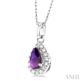 5x3 MM Pear Shape Amethyst and 1/20 Ctw Single Cut Diamond Halo Semi-Precious Pendant with Chain in 14K White Gold
