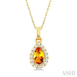5x3 MM Pear Shape Citrine and 1/20 Ctw Single Cut Diamond Halo Semi-Precious Pendant with Chain in 14K Yellow Gold
