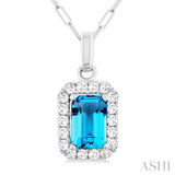 6x4 MM Octagonal Shape Blue Topaz and 1/6 Ctw Round Cut Diamond Halo Semi-Precious Pendant with Chain in 10K White Gold