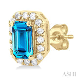5x3 MM Octagonal Shape Blue Topaz and 1/8 Ctw Single Cut Diamond Halo Semi-Precious Stud Earrings in 14K Yellow Gold