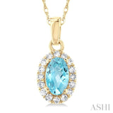 5x3 MM Oval Shape Aquamarine and 1/20 Ctw Single Cut Diamond Halo Semi-Precious Pendant with Chain in 14K Yellow Gold