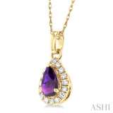 5x3 MM Pear Shape Amethyst and 1/20 Ctw Single Cut Diamond Halo Semi-Precious Pendant with Chain in 10K Yellow Gold