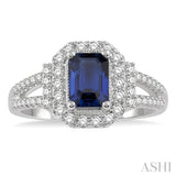 7x5 MM Emerald Shape Sapphire and 1/2 Ctw Round Cut Diamond Precious Ring in 14K White Gold