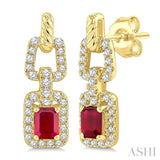 1/4 Ctw 4X3MM Octagon Shape Ruby and Round Cut Diamond Halo Precious Link Earring in 14K Yellow Gold