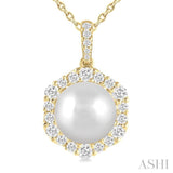 10 MM Cultured Pearl and 5/8 Ctw Hexagon Shape Round Cut Diamond Pendant With Chain in 14K Yellow Gold