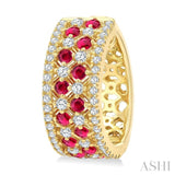 1 Ctw Fretwork 2MM Round Cut Ruby and Round Cut Diamond Precious Hoop Earring in 14K Yellow Gold