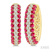 1/2 Ctw 2MM Round Cut Ruby and Round Cut Diamond Precious Hoop Earring in 14K Yellow Gold