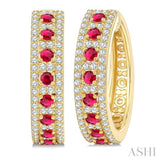 3/4 Ctw 2.00MM Round Cut Ruby and Round Cut Diamond Precious Hoop Earring in 14K Yellow Gold
