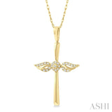 1/10 Ctw Angel Wing Round Cut Diamond Cross Petite Pendant With Chain in 10K Yellow Gold