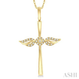 1/10 Ctw Angel Wing Round Cut Diamond Cross Petite Pendant With Chain in 10K Yellow Gold