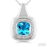 8 MM Cushion Shape Blue Topaz and 1/20 Ctw Round Cut Diamond Semi-Precious Pendant With Chain in Sterling Silver