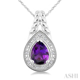 9X6MM Pear Cut Amethyst and 1/20 Ctw Round Cut Diamond Semi-Precious Pendant With Chain in Sterling Silver