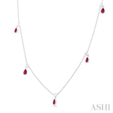 5X3 MM Pear Shape Ruby and 1/4 Ctw Round Cut Diamonds Precious Station Necklace in 14K White Gold
