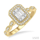 3/8 ctw Emerald Shape Round Cut and Baguette Diamond Fusion Engagement Ring in 14K Yellow and White Gold