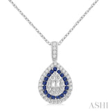 1.25 MM & 1.45 MM Pear Shape Sapphire and 1/4 Ctw Baguette and Round Cut Diamond Precious Pendant With Chain in 14K White Gold