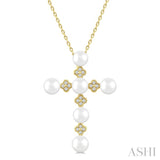 4 MM Round Shape Cultured Pearl and 1/10 Ctw Clover Round Cut Diamond Cross Pendant With Chain in 10K Yellow Gold