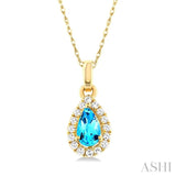 5x3 MM Pear Shape Blue Topaz and 1/20 ctw Single Cut Diamond Halo Semi Precious Pendant with Chain in 14K Yellow Gold