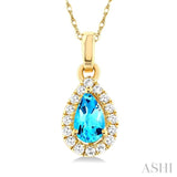 5x3 MM Pear Shape Blue Topaz and 1/20 ctw Single Cut Diamond Halo Semi Precious Pendant with Chain in 14K Yellow Gold