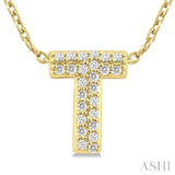1/10 Ctw Initial 'T' Round Cut Diamond Fashion Pendant With Chain in 10K Yellow Gold